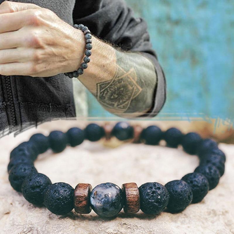 Volcanic Stone & Moonstone Men's Beaded Bracelet with Obsidian Accents