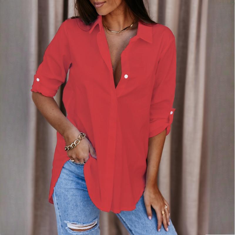 Autumn Women's Simple Long Sleeve V-Neck Button Down Blouse Shirt