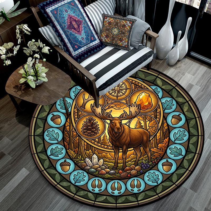 Forest Wildlife Glass Round Area Rug Under Office Chairs Bedroom Living Room Home Decor 80cm x 80cm