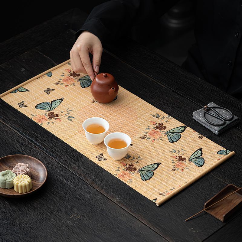 Rectangular Bamboo Woven Dining Table Decorative Heat Insulation Mat Butterfly Print High Quality Kung Fu Tea Set  Accessories