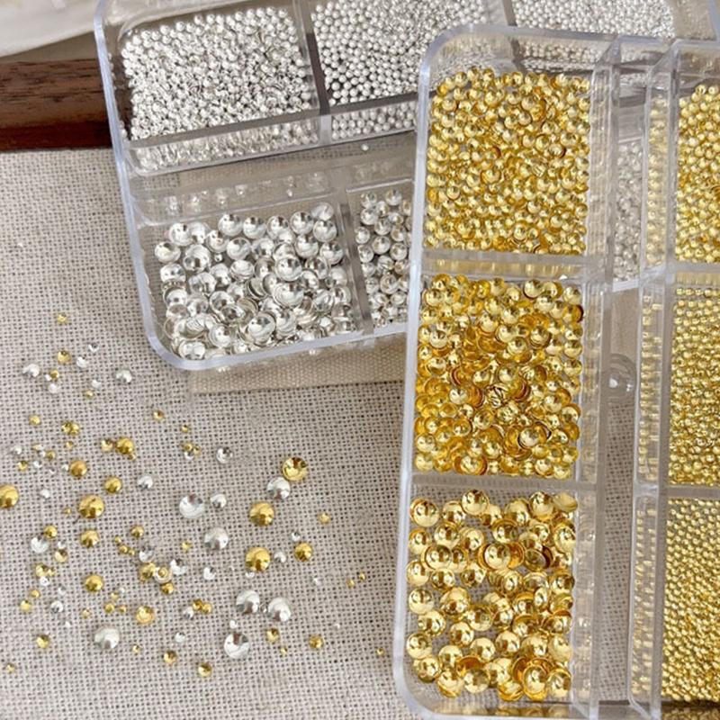 6 Grid/Box Gold Silver Half Round Rivets Nail Charms 0.8-3Mm Flat Back Round Metal Nail Bead Micro Ball Manicure Bead