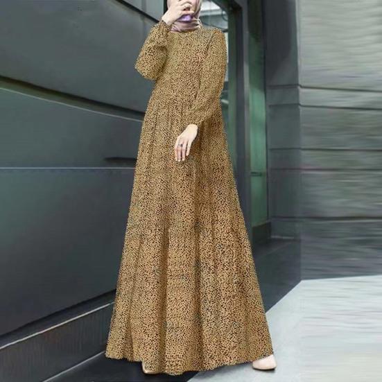 Women Maxi Dress O Neck Long Sleeve Loose A-line Big Hem Dot Print Vintage Soft Patchwork Dubai Turkey Abaya Long Robe Dress