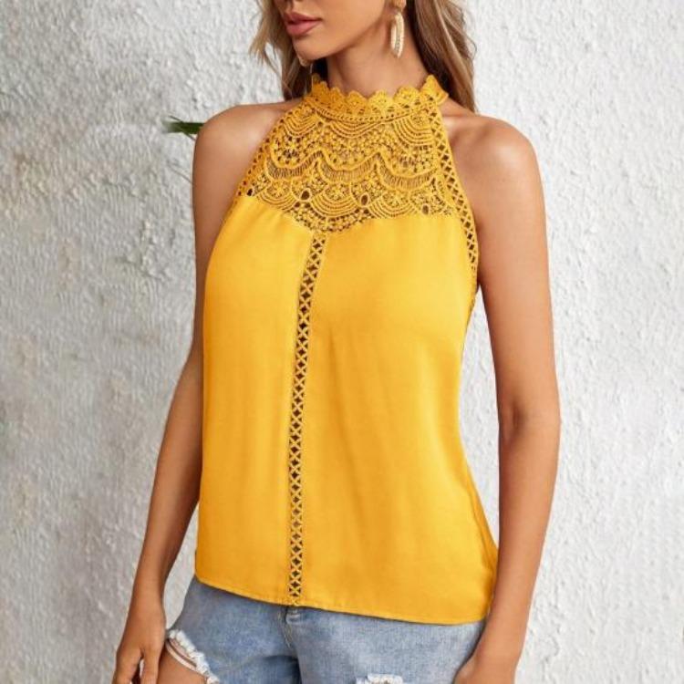 Neckholder Weste Damen Lässige Tops Einfarbige Spitze Dekoration Durchbrochene Spitze Stickerei
