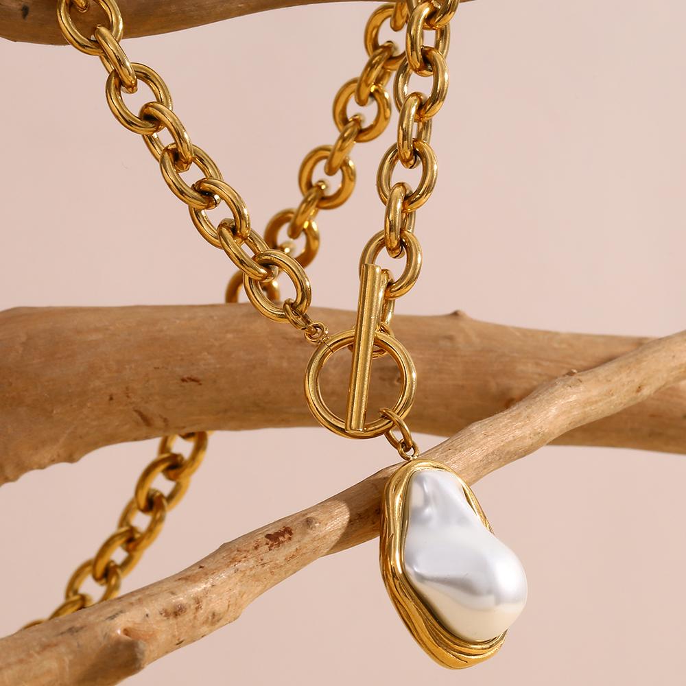 MamacitaSlay Stainless Steel Imitation Baroque Pearl Pendant OT Buckle Necklaces Women's Elegant Waterproof Neck Jewelry Gift