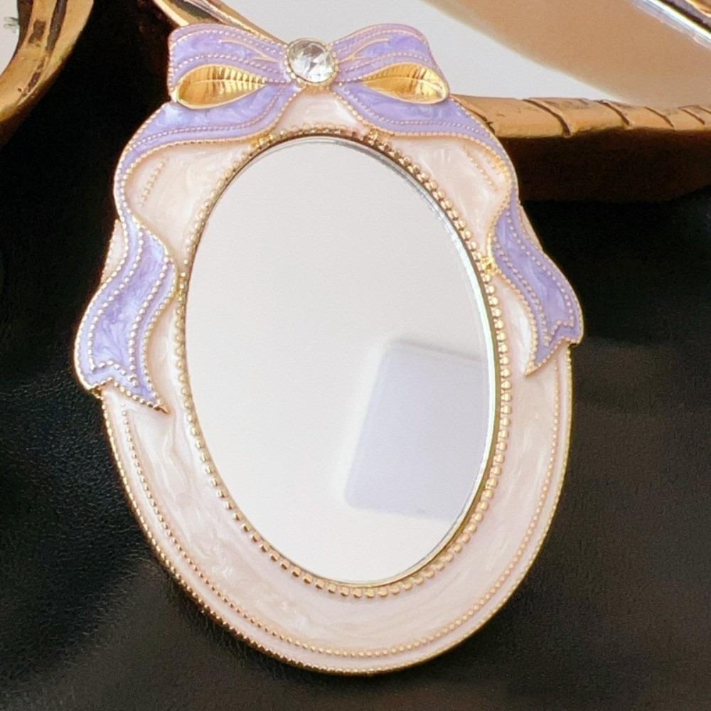 Mini Enamel Makeup Mirror Metal Frame Crystal Bow Mirror Lolita Embossment Mirror  Student Use