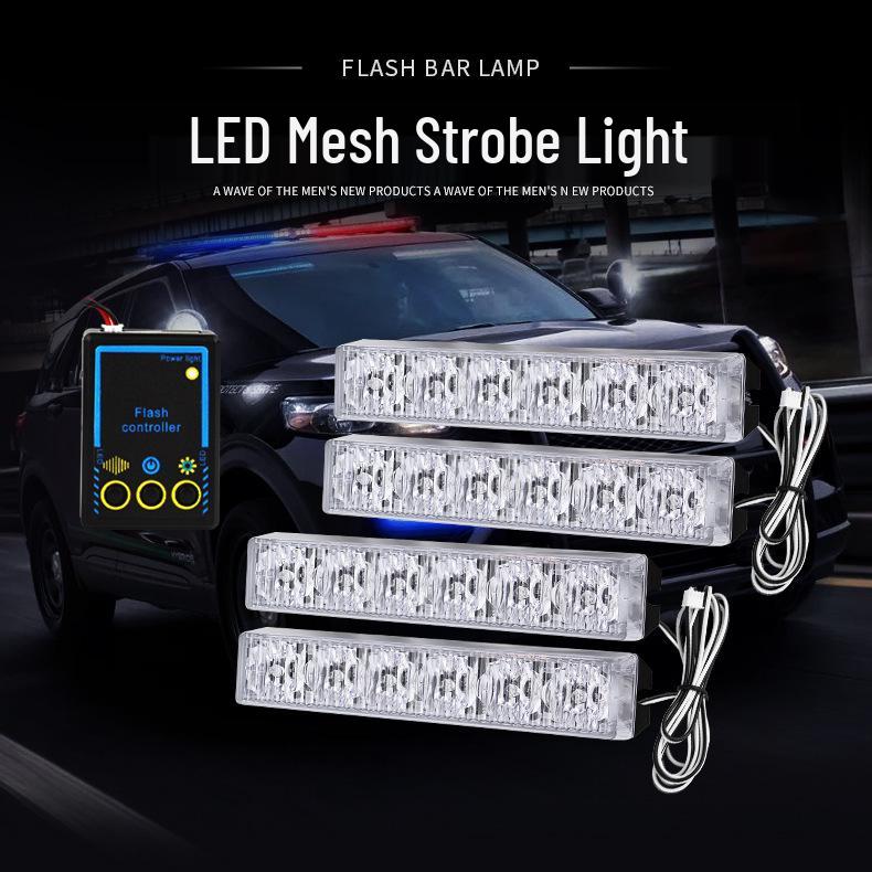 Car Grille LED Warning & Atmosphere Light - Motorcycle-Compatible, One-to-Four Flashing Net Light