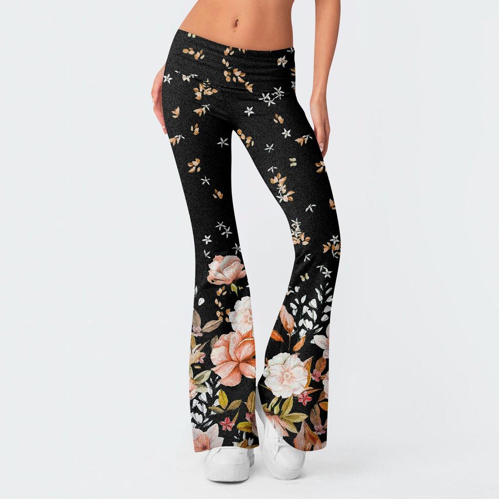Women's Fashion Print Slim Fit Slim Reverse Waist Low Waist Elastic Waist Flare Pants