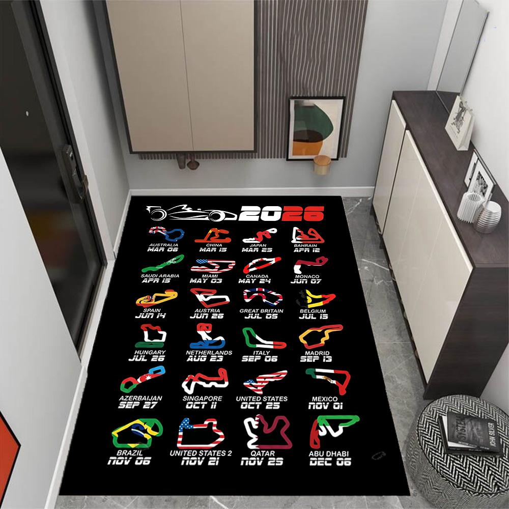 2026 Formula 1 Calendar Themed Anti-Slip Rugs - Polyester Home Decor, Suitable for Bedrooms, Living Rooms, Doorways, Studios, and Decorations