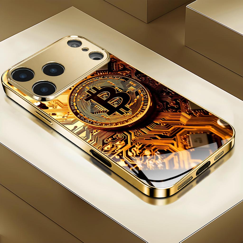 Premium Gold Bitcoin Tech Pattern For Iphone 17 Case Fashion Phone Cases Glass Phone Case for iPhone 17 16 15 14 13 Pm Pro Plus