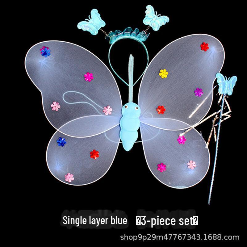 Children's Glow Angel Costume: Girl's Gauze Skirt with Flashing Wings and 20-Light Butterfly Design, 3-Piece Set.
