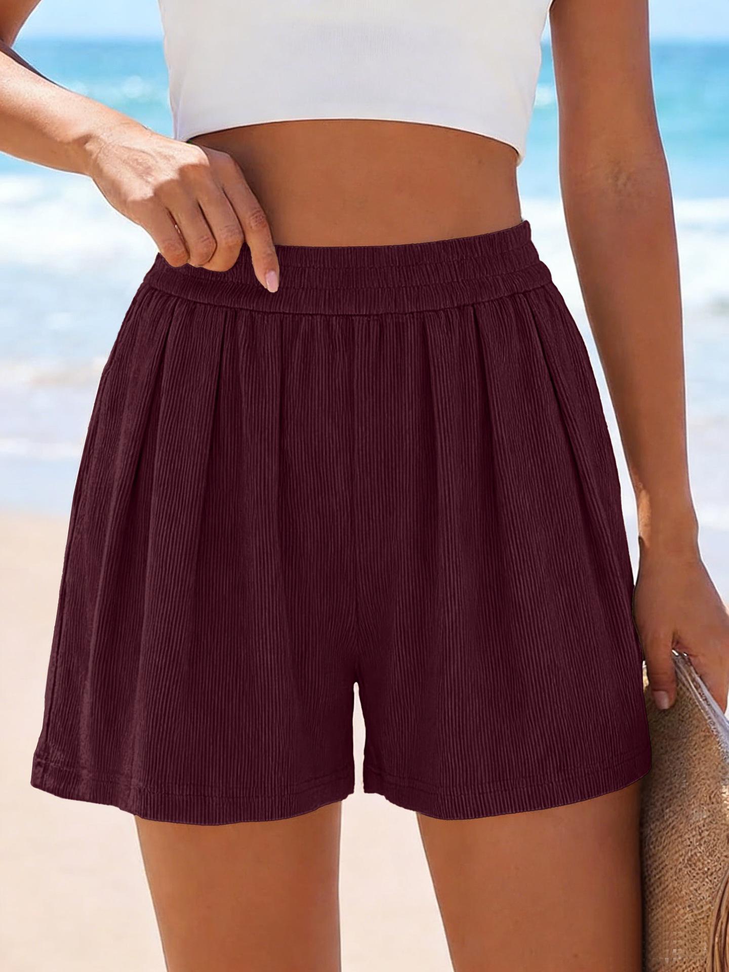 

2026 European/American Summer Fashion: Wide Casual Pocketed Solid Color Shorts 2XL вина червоного кольору
