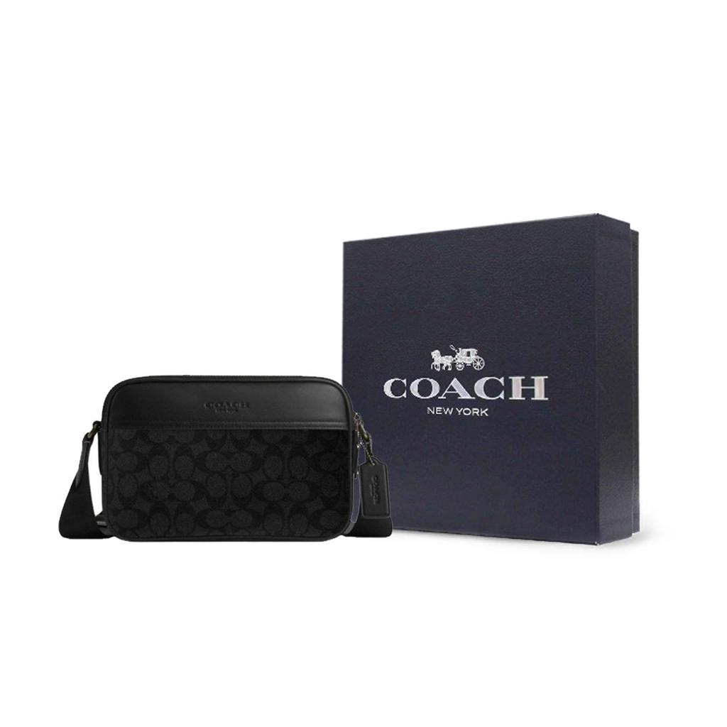 Coach Graham 23 Brand Logo Adjustable Shoulder Strap Faux Leather And Cowhide Crossbody Bag Medium Men crossbody bag Black CV921-QBMI5