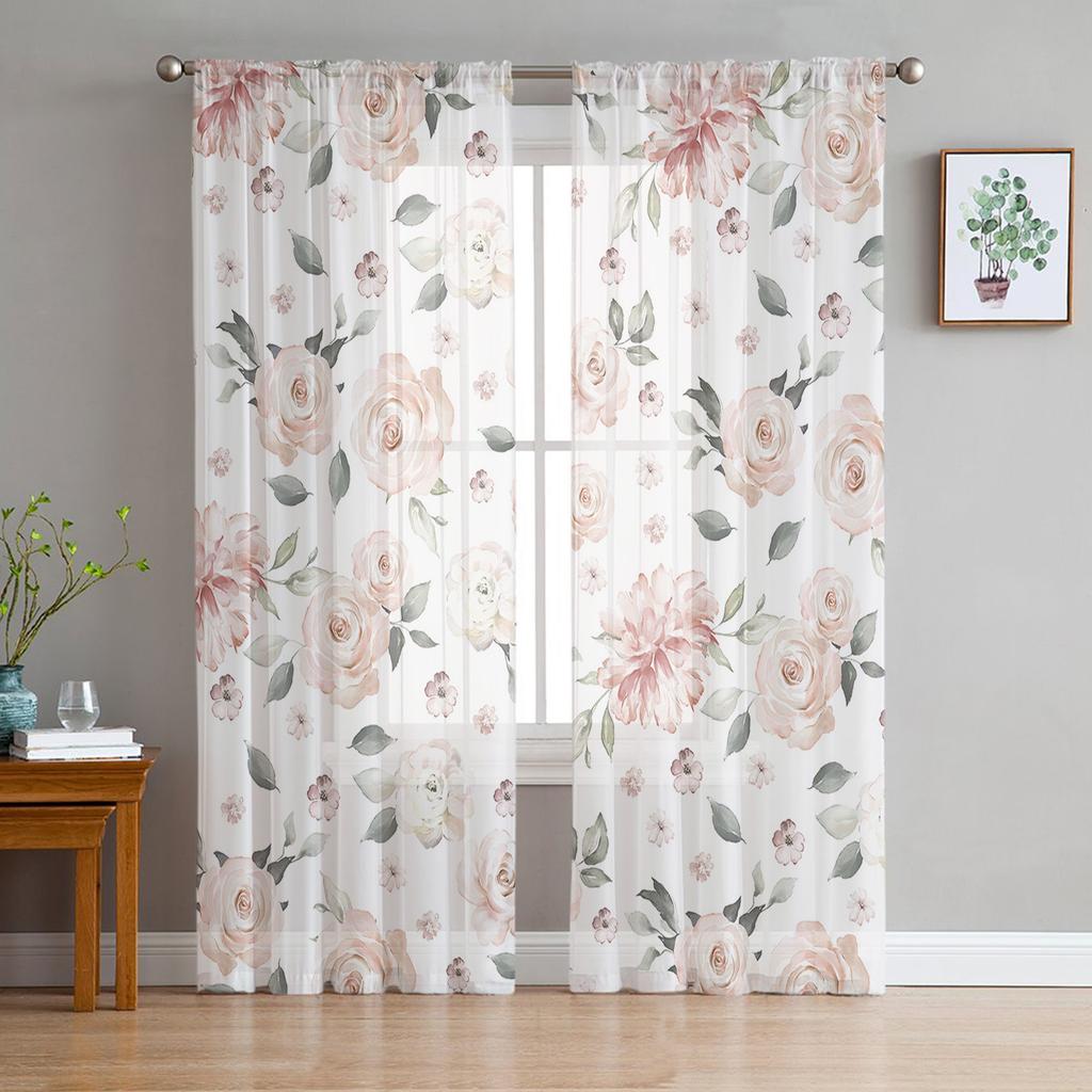 Tüllvorhang mit Aquarellblumen und Blättern, grün, Voile, transparenter Tüll für Schlafzimmer, Wohnzimmer, Küche, durchsichtige Fenstervorhänge