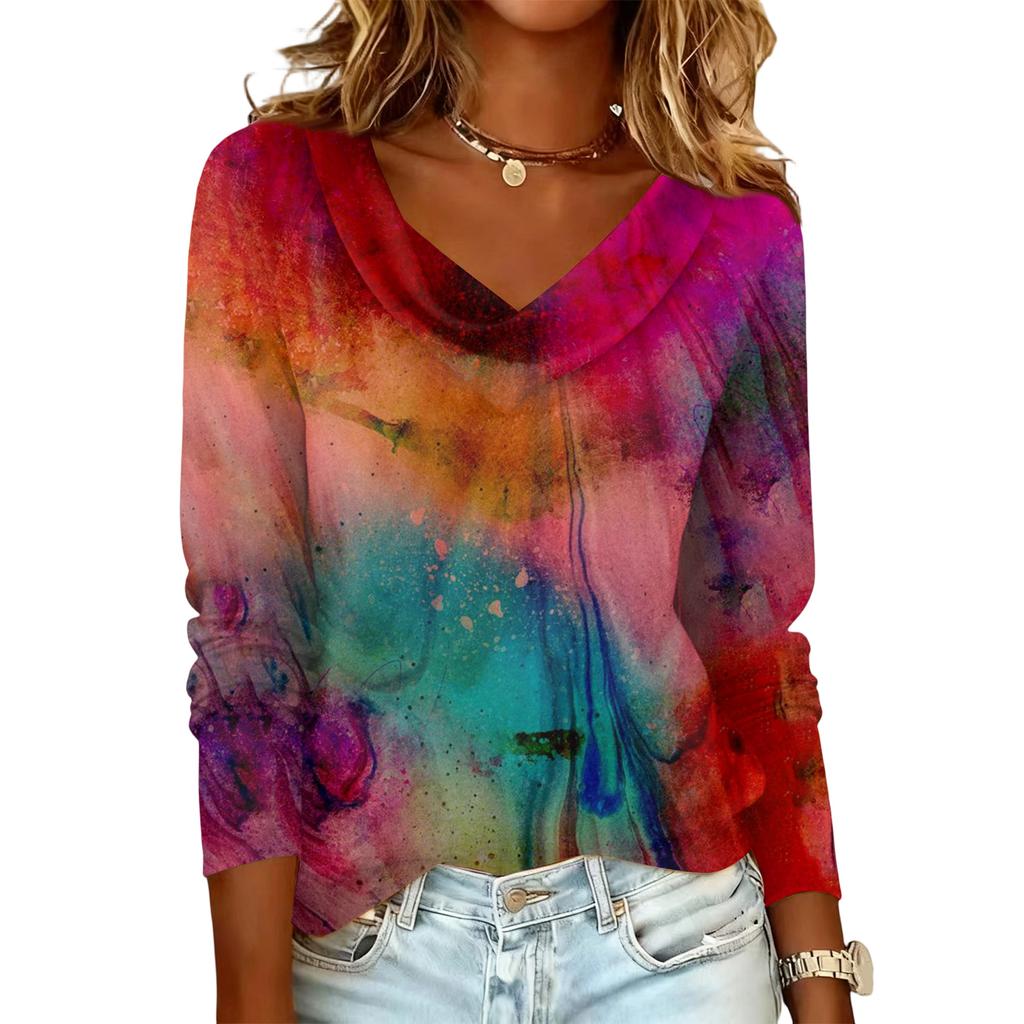 Damen lässiges Mode-Pulloveroberteil mit Langarm, kreuzgefärbt und bedruckt