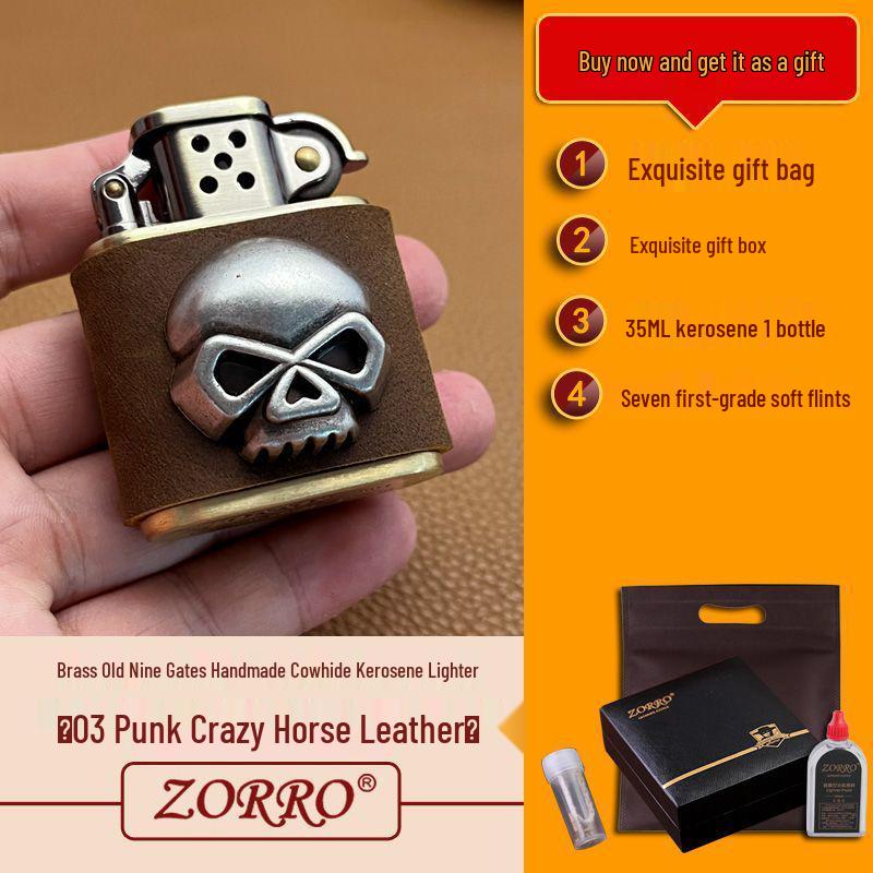 Zorro 506 Antique Silver Star Leather Brass Kerosene Lighter - Handmade Gift