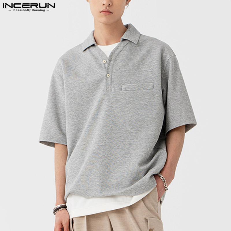 

INCERUN летние мужские рубашки с короткими рукавами и воротником с лацканами, однотонные, формальные, повседневные, свободные блузки, топы, большие размеры