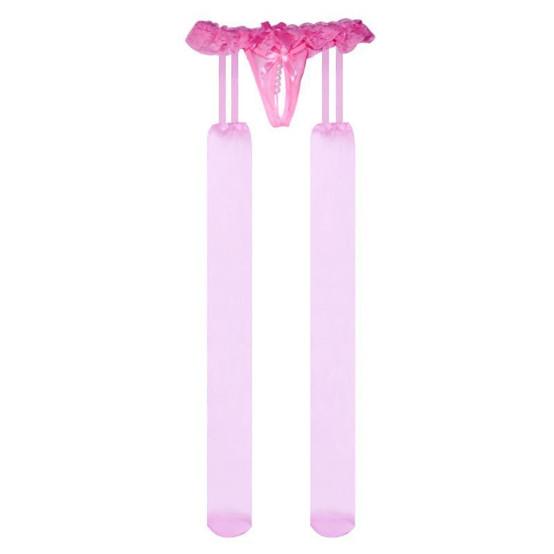 Sexy schwarze Spitzen-Strumpfhalter-Strümpfe ohne Schritt mit Perlen - Ultradünne, Overknee-Verführung