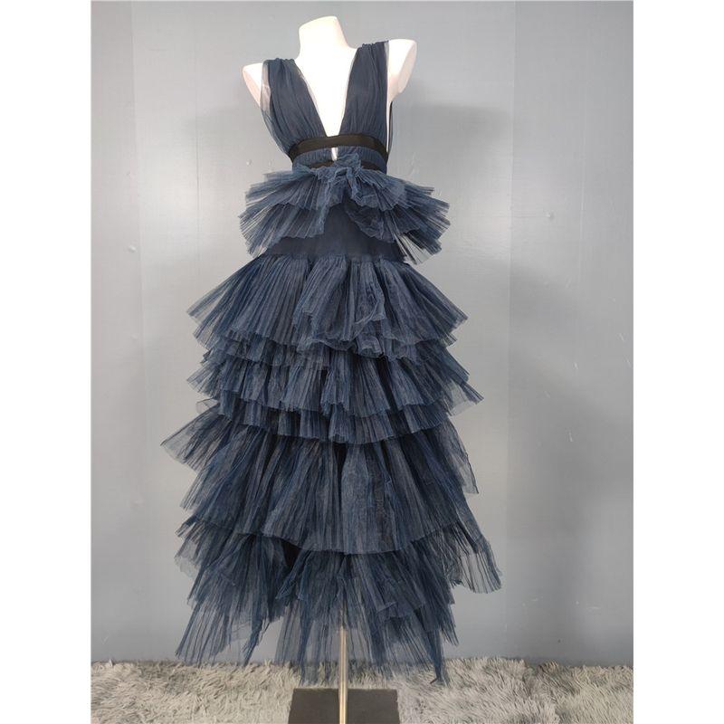 

Foreign Trade Order Aura Royal Sister Elegant Beautiful Mesh Layer-by-Layer Cake V-neck Host Banquet Wedding Dress Long dress Blue L(12)