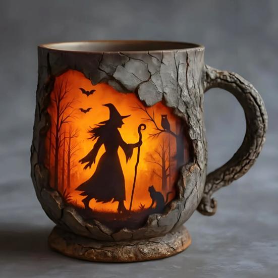 Yousheng Vintage Coffee Mugs Mystical Witch Bark Texture Mug Halloween Campfire Cup Outdoor Adventure Gift for Hikers Nature Lovers