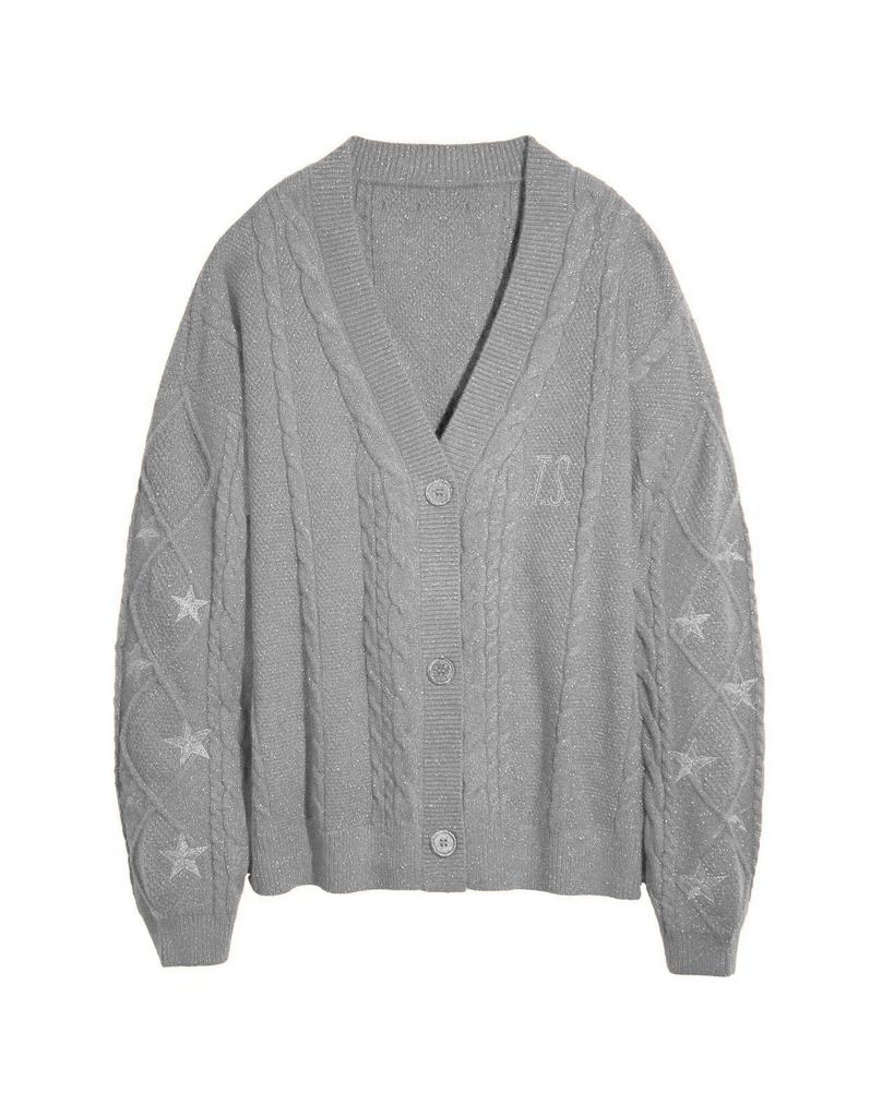 Title: Women's Orange Brown V-Neck Knit Cardigan with Twisted Cable Pattern