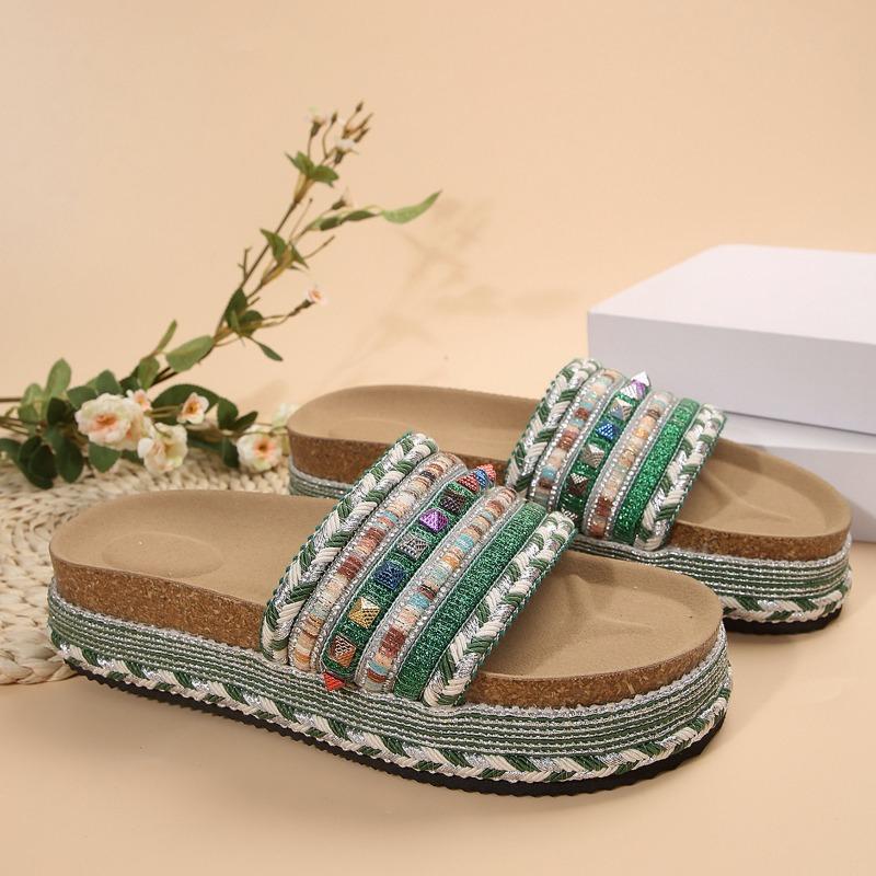 Fashion thick-soled slippers women's rivets hemp rope large size rhinestone beach slippers