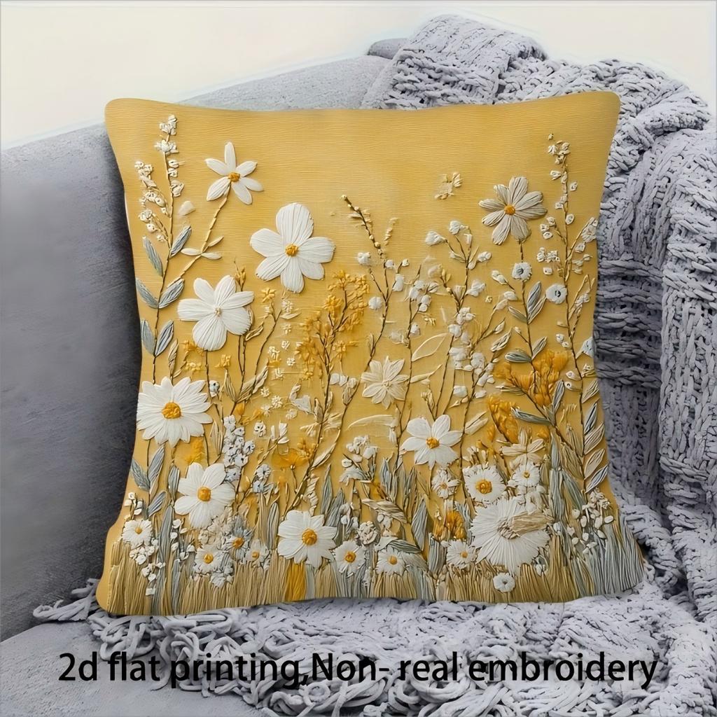 Yellow Wildflower Pillow Cover 2D Embroidered Print Boho Botanical Cushion Case For Sofa Bed Couch Cozy Cottage Home Decor