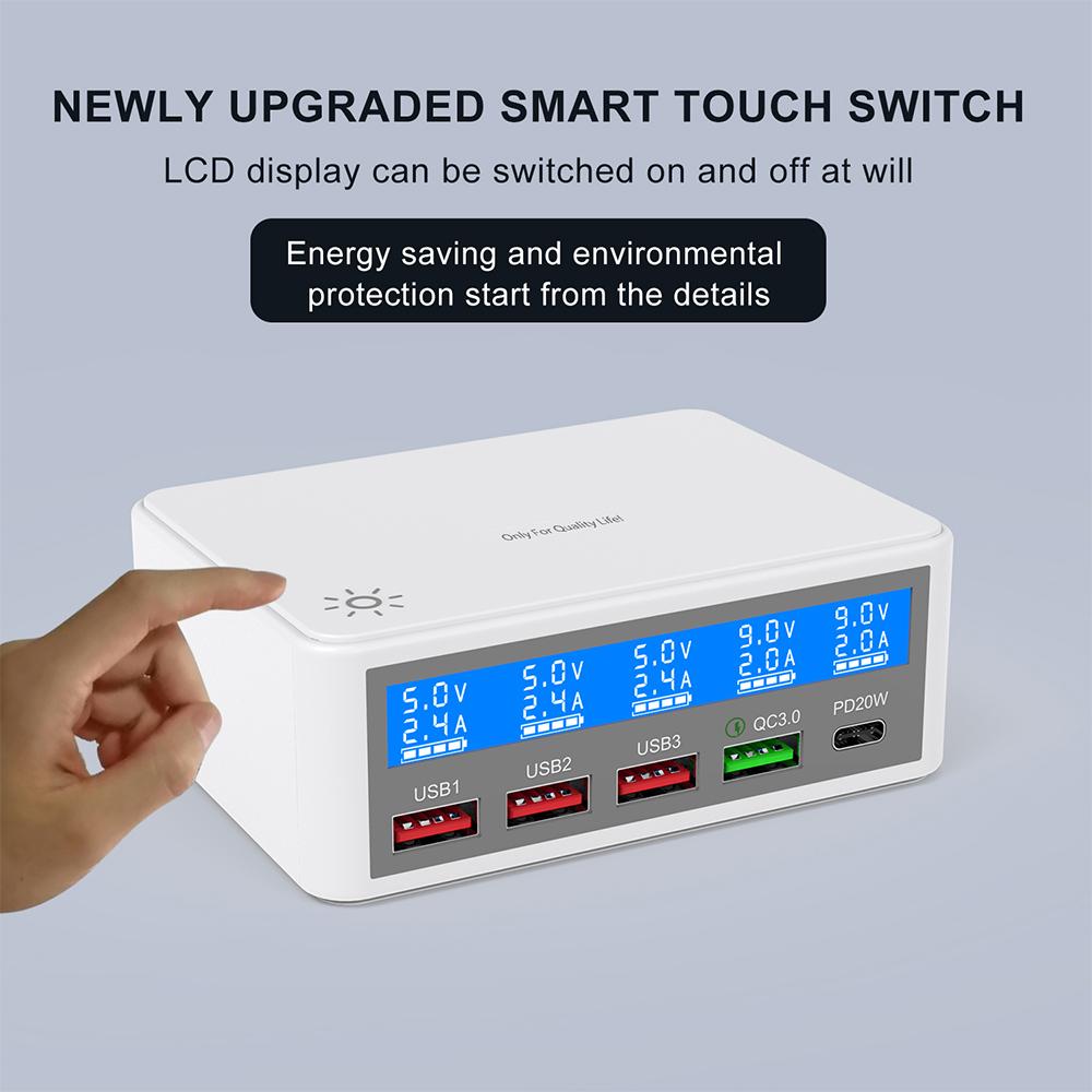 Încărcător USB multiplu 65W Stații de încărcare USB cu 5 porturi cu afișaj LCD PD 20W + Încărcător rapid QC3.0