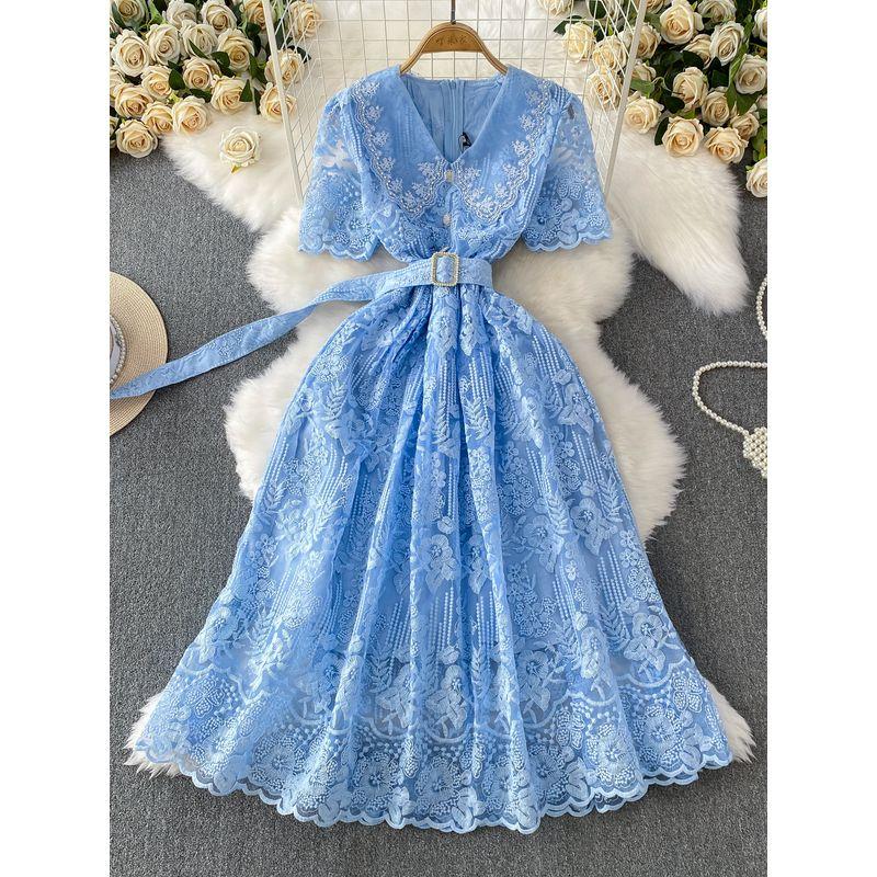 High End Socialite Heavy Industry Lace V-neck Short Sleeve Formal Dress Dress Women Summer Lace-up Waist Hugging Slimming Princess Long Dress