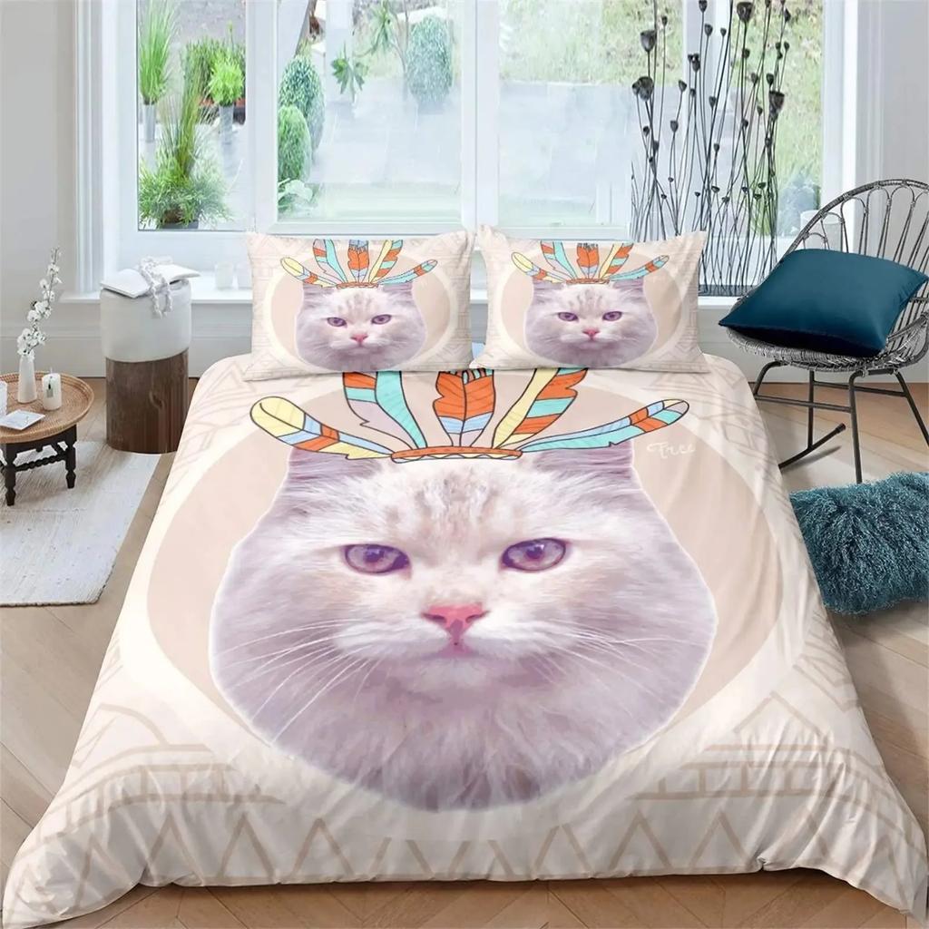 Orange Cat Duvet Cover Set King Queen Size Cute Animals Pattern Polyester Comforter Cover Quilt Cover For Kids Teens Bedding Set