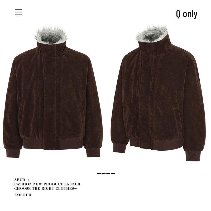Unisex Winter Hunting Jacket: Wolf & Eagle Design, Thick Velvet & Cotton, Asymmetrical Lapel, Suede Accent, Stand Collar.
