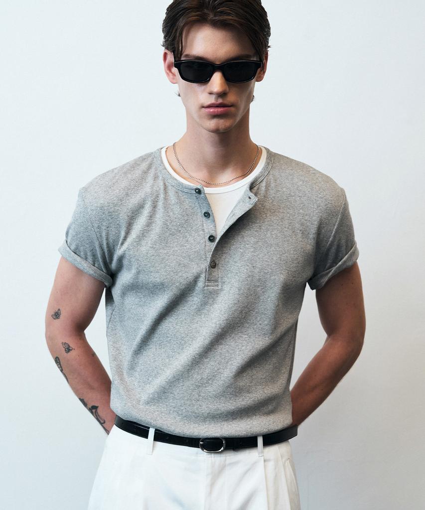 Beulleieo Double Layered Ribbed Henley Neck Short Sleeve T-Shirt [M.Grey]