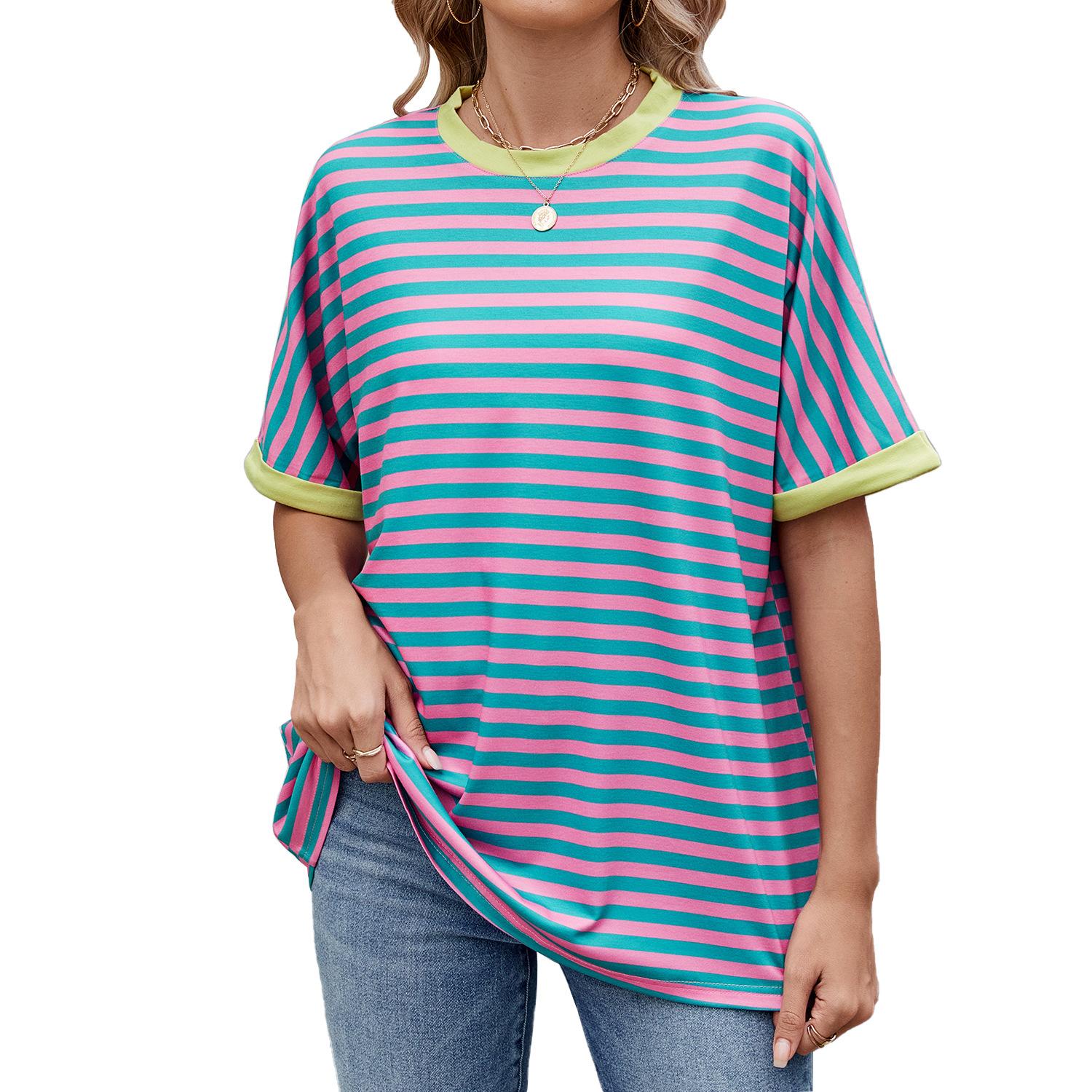 

YYFS женские модные повседневные летние весенние блузки и рубашки с короткими рукавами и круглым вырезом в полоску с принтом XL