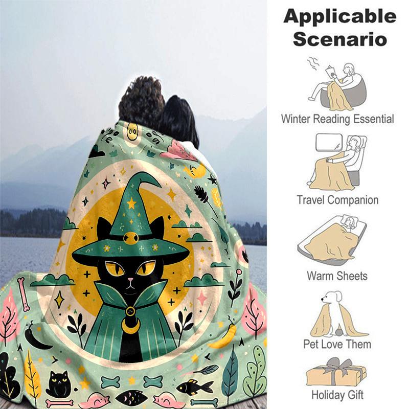 1pc Green Wizard Cat Blanket Soft Throw for Home Decor, Perfect Gift for All Seasons, Living Room, Travel, Camping, Car Blankets