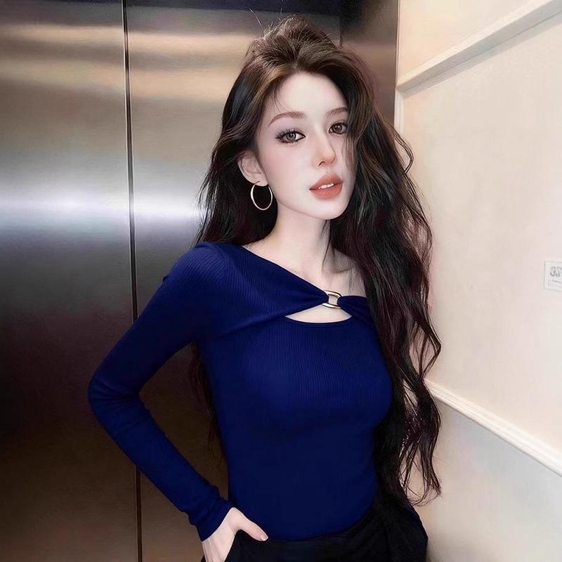 

Spicy Girl Long-Sleeve Hollow Collarbones Top - Slim Fit for Autumn/Winter Large темно-синий