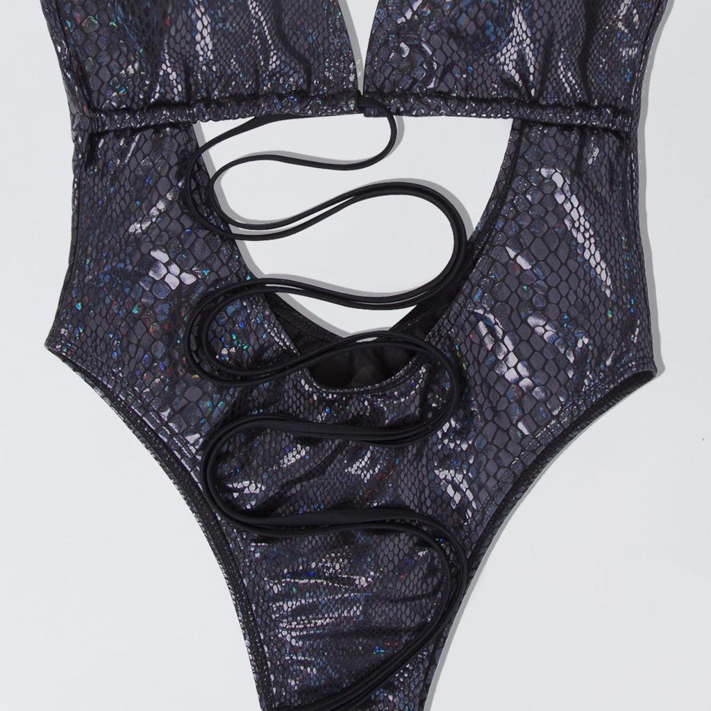 Sexy Onepiece Laceup Black Womens Swimsuit Solid Color Plus Size