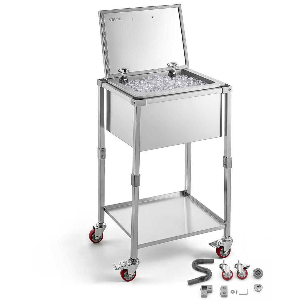 VEVOR Rolling Ice Chest Cooler Cart Stainless Steel Cooling Bin 54.6 L, Outdoor Stand Up Cooler Trolley with Wheels, Flip Lid, and Shelf