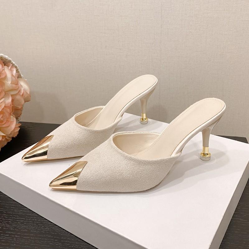 2024 NEW Summer Women Pump Feather Heels Fashion Simple Wind Mule Slippers Women's Slide Stiletto Heels Shoes for Women  Heels