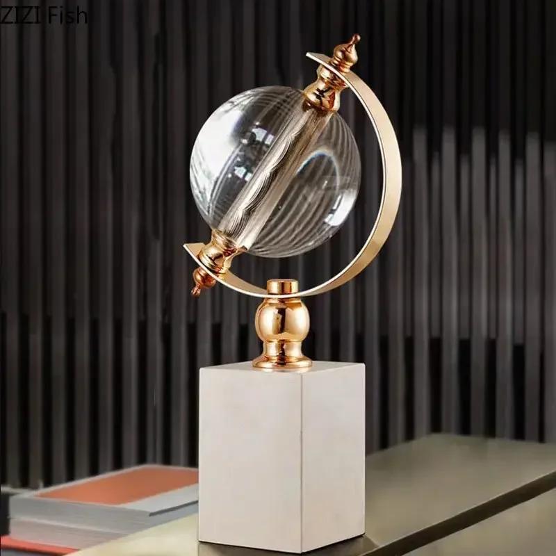 Gold-plated Globe Shape Crystal Ball Statue Marble Base Crafts Sculpture Desk Decoration Ornaments Room Aesthetics Decor Artwork