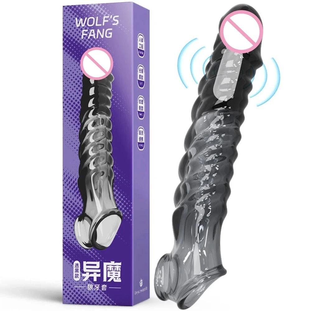 Penis Extension Sleeve Vibrator Extender 8cm Reusable Condoms Soft Delay Ejaculation Dick Sleeve Adult Sex Toys For Men Women