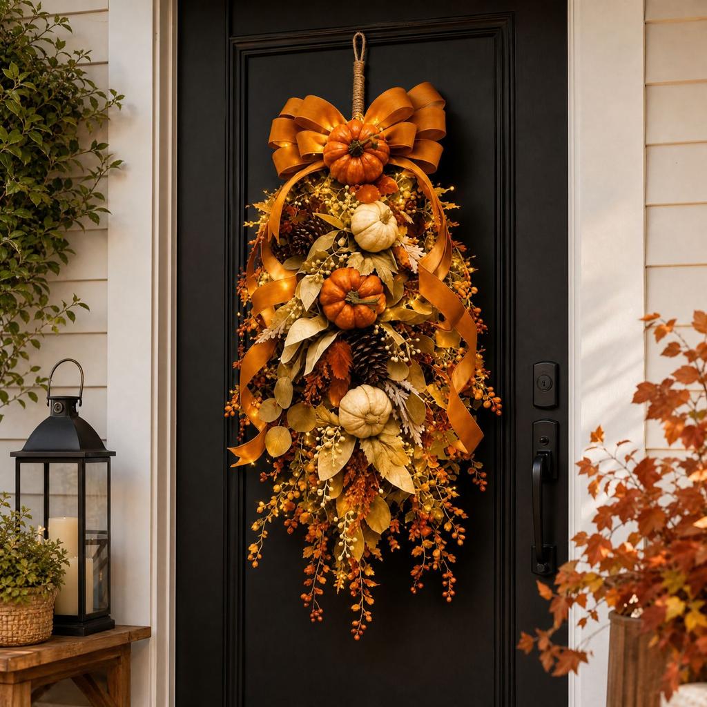 Front Door Wreath with Fall Leaves for Seasonal Home Decor