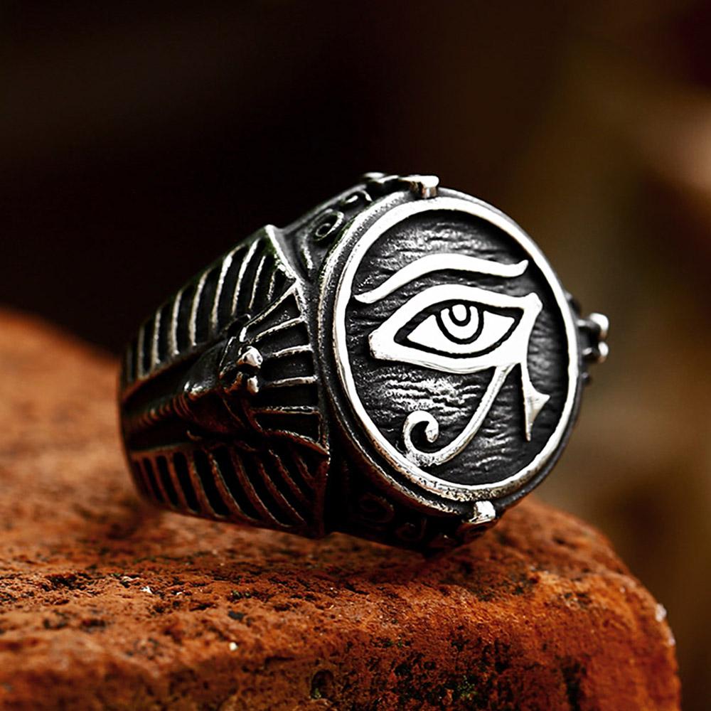 Neues Design Vintage Edelstahl Auge des Horus Ring für Männer Punk Altes Ägypten Pharao Text Symbol Ringe Amulett Schmuck Geschenke