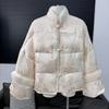 Retro Stand-up Collar Buckle Jacquard Mink Hair Down Jacket Women's Winter Goose Down Jacket a Piece