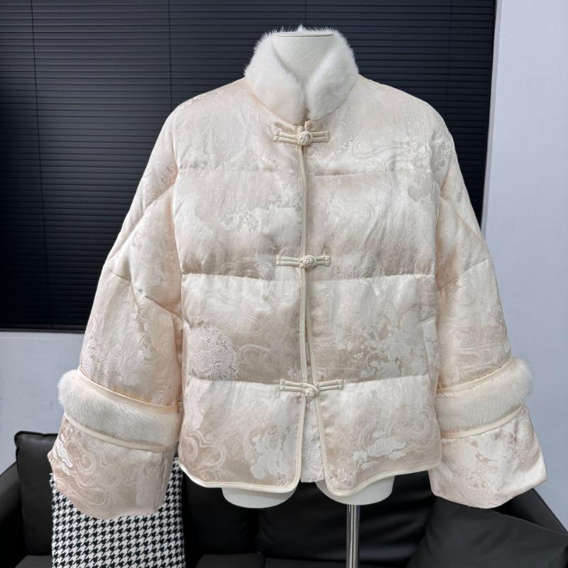 Retro Stand-up Collar Buckle Jacquard Mink Hair Down Jacket Women's Winter Goose Down Jacket a Piece
