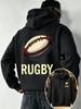 Men's Rugby Pattern Double Sided Print Sports Hooded Sweatshirt Regular Fit Front Kangaroo Pocket Machine Washable High Quality Fa