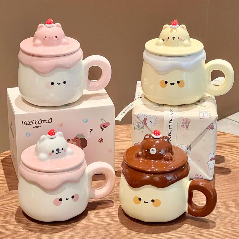 Gift Super Cute Pudding Mug Household Ceramic Water Cup with Lid Spoon Coffee Cup Souvenir