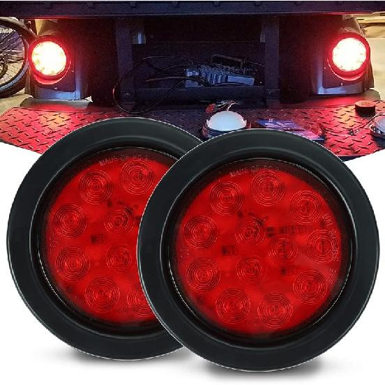 4Pcs 4" Round Red LED Trailer Tail Lights, Grommet Plug 12 LED Waterproof Stop Turn Signal Stop Brake Trailer Lights For Tractor Truck Bus Lorries