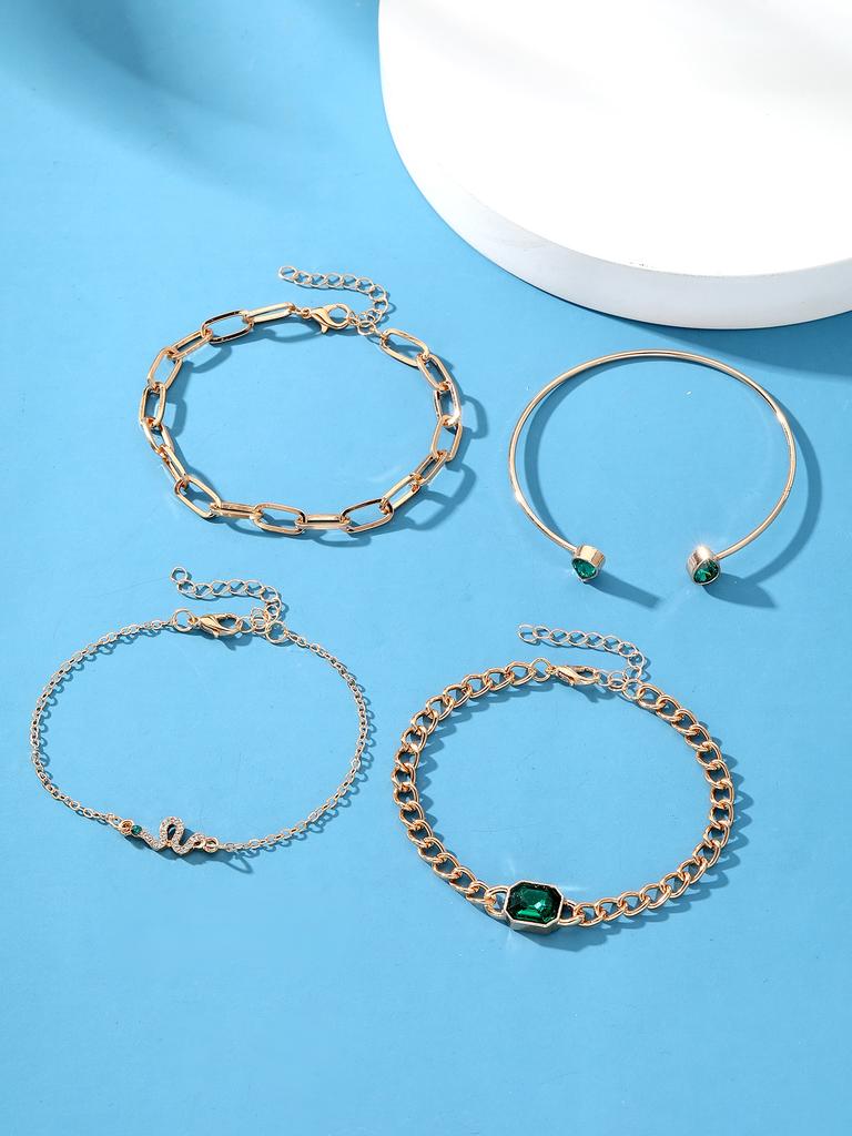 Green Water Droplet Simple Classic Chain Design Artificial Crystal Bracelet Snake A Gift Stackable Suitable For Daily Wear Women's 4pcs/set  Handmade