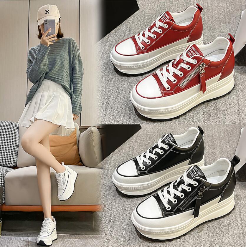 New 8.5 Cm Genuine Leather Women Platform Shoes Wedge Sneakers Lace Up Sneakers   Spring Summer Fashion Shoes