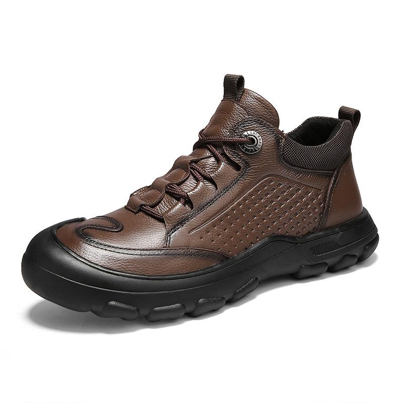 

Casual leather shoes men s autumn new fashion outdoor thick-soled bag head non-slip lace-up first-layer cowhide men s shoes tooling shoes 46 коричневый