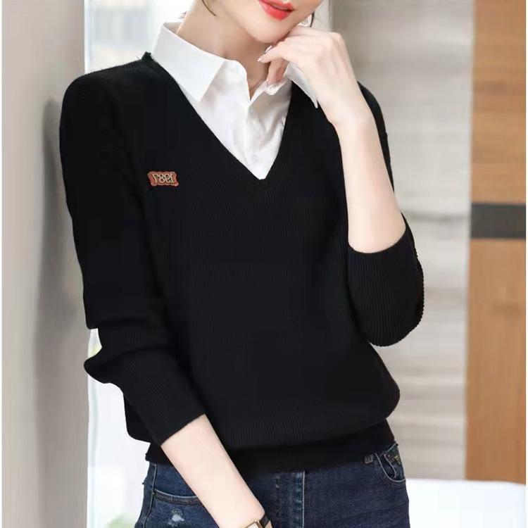 

Весенне-осенняя женская трикотажная рубашка из двух частей, свитер из двух частей, пуловер с воротником рубашки, трикотажная нижняя рубашка, женская рубашка с длинным рукавом One Size чёрный